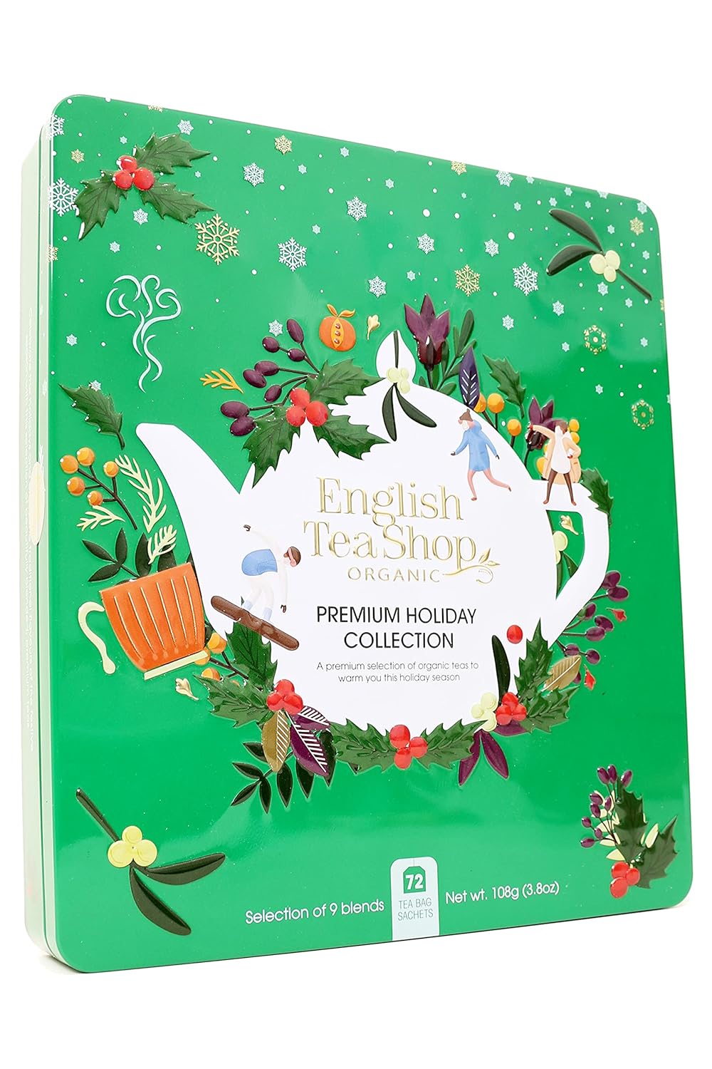 English Tea Shop Organic Premium Holiday Collection Green Gift Tin 72 Tea Bags Sachets, 108g